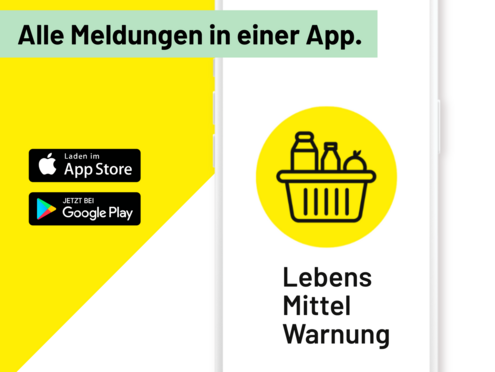 [Translate to Englisch:] Abb. zeigt die Logos des Apple und Google Playt Stores sowie die Abb. des lebensmittelwarnung.de-Logos. Titel: Alle Medlungen in einer App.